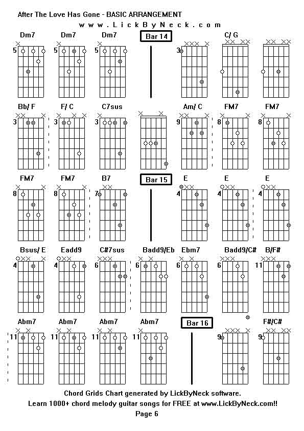 Chord Grids Chart of chord melody fingerstyle guitar song-After The Love Has Gone - BASIC ARRANGEMENT,generated by LickByNeck software.